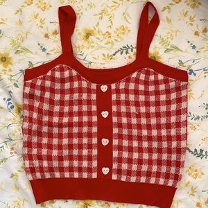 GINGHAM CHECKERED CROP TANK TOP W/ HEART BUTTONS